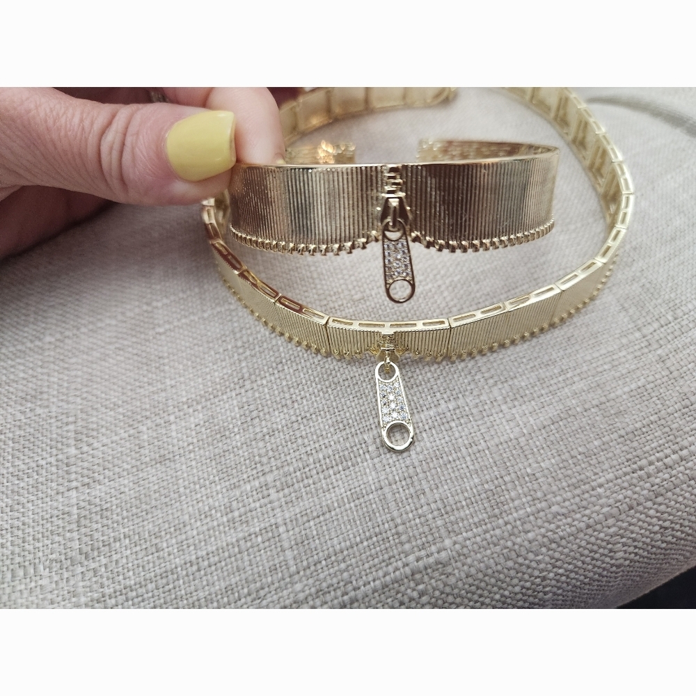 Melinda Maria Gold Zipper Choker Necklace and Bracelet Cuff Set